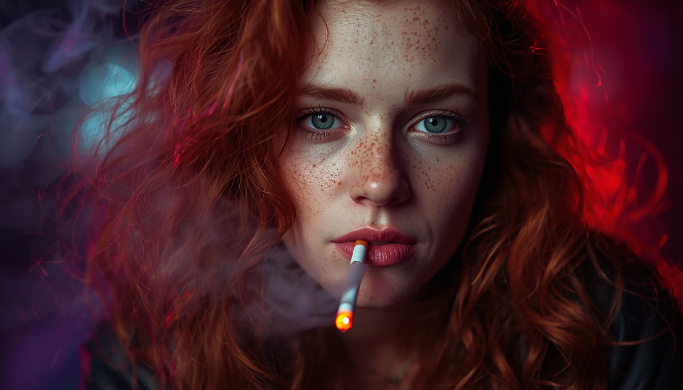 Ultra-realistic cinematic close-up portrait of a beautiful adult freckled red-haired woman with long messy&hellip;