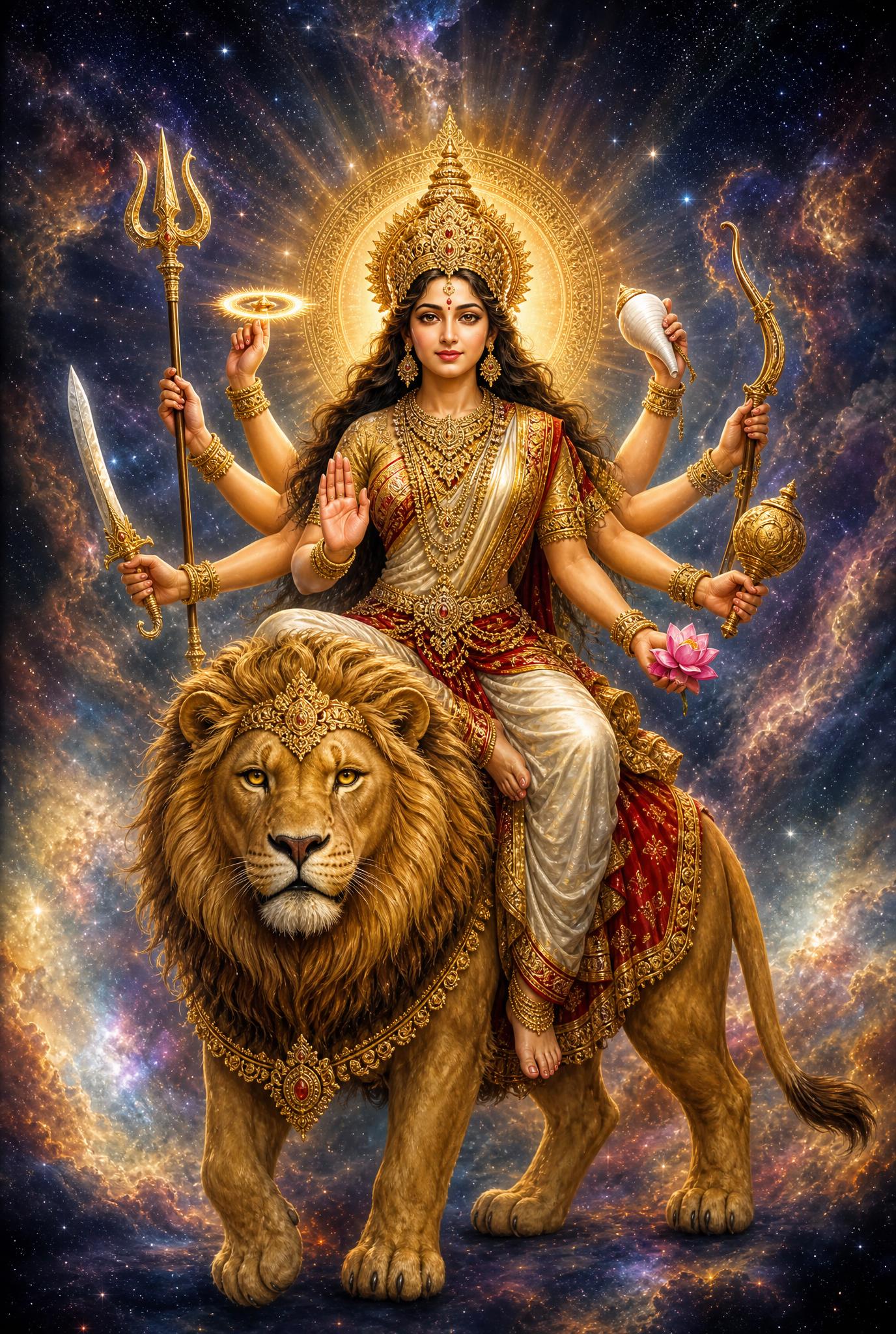 A majestic full-body illustration of Hindu Goddess Durga seated gracefully on a powerful lion