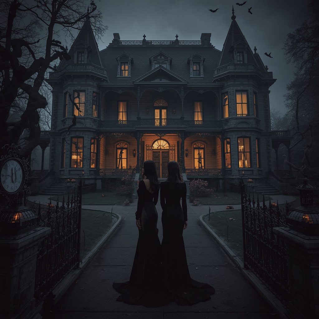 A cinematic gothic Halloween album cover for a fictional female duo called 2BrokeNoonas