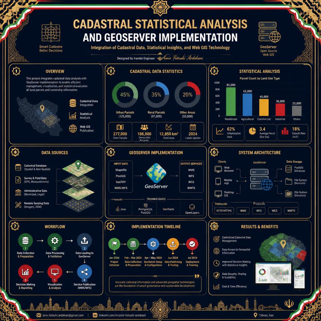 "A0 luxury scientific infographic poster about cadastral statistical analysis and GeoServer implementation