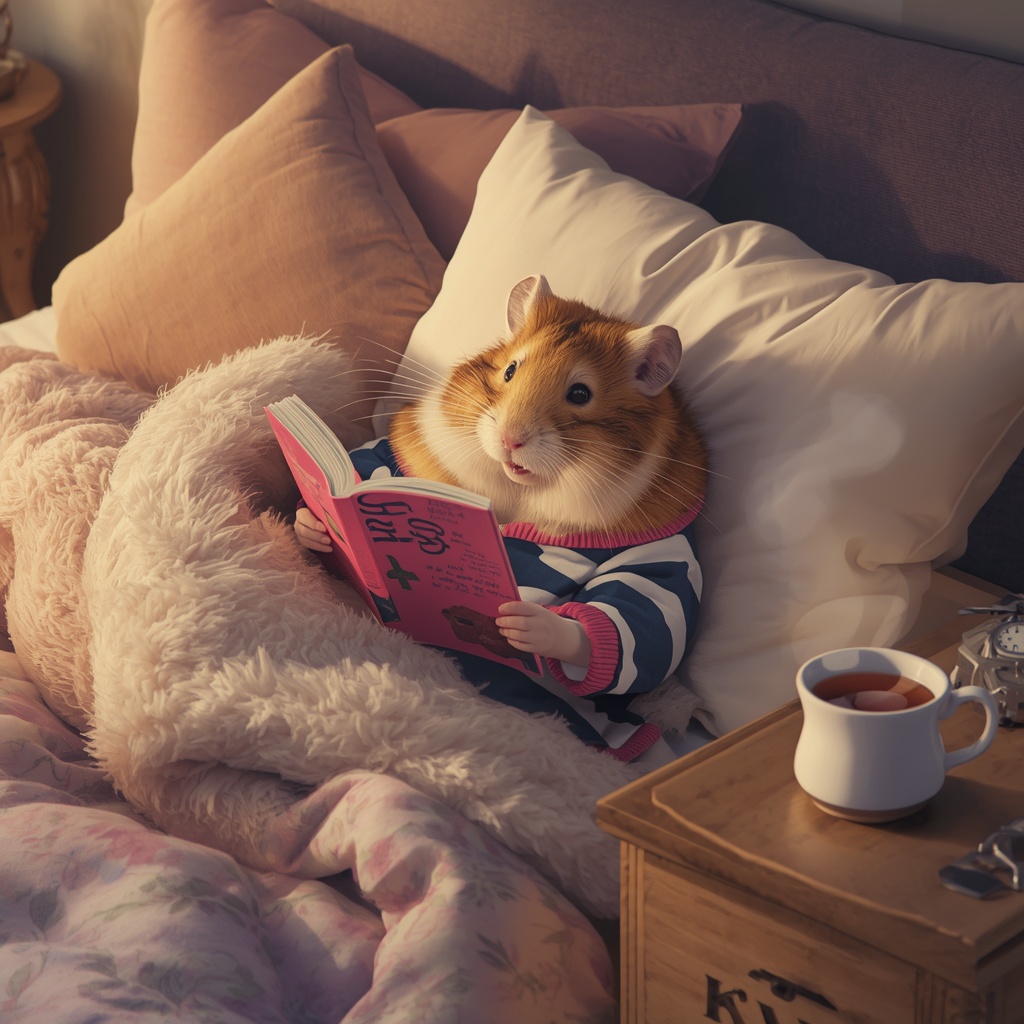 Female european hamster dressed in pajamas reading a book in a large bed with&hellip;