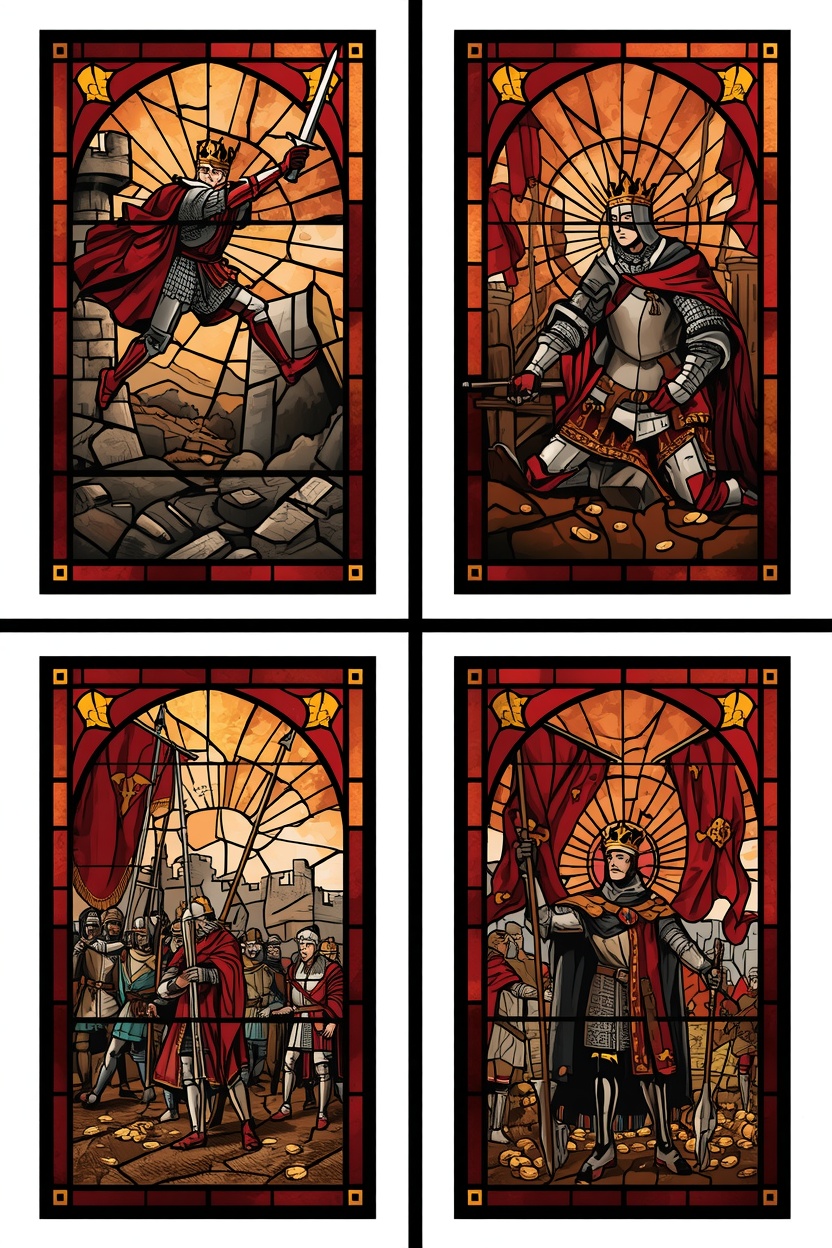 A 2x2 grid of four separate rectangular stained glass window illustrations