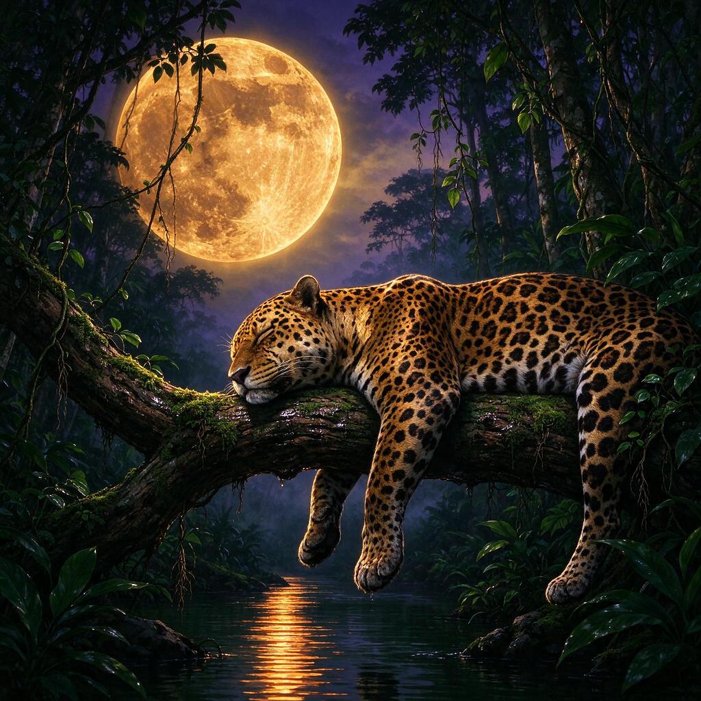 A sleeping jaguar sprawls across a thick