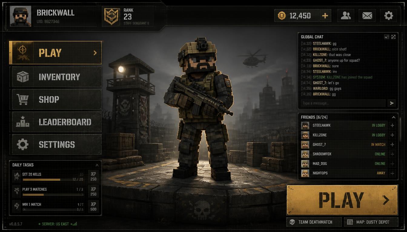 Main lobby screen UI concept for a browser multiplayer first-person shooter