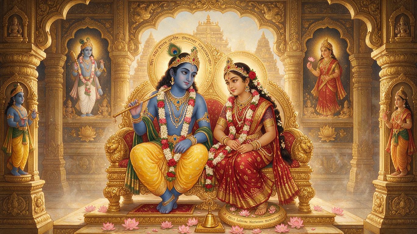 An elegant devotional portrait of Lord Krishna and his wife Rukmini sitting on a&hellip;