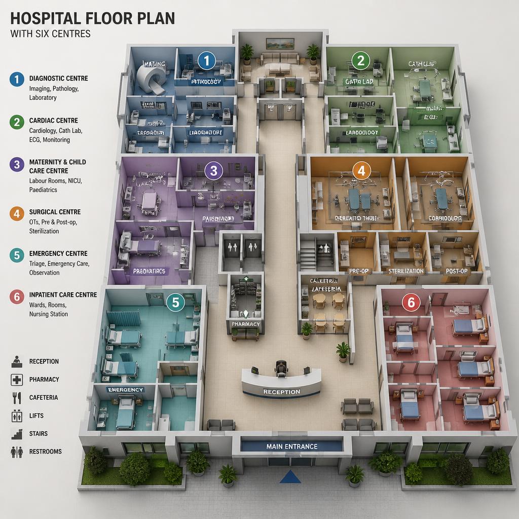 Create a 3d floor plan of a hospital with six different centres