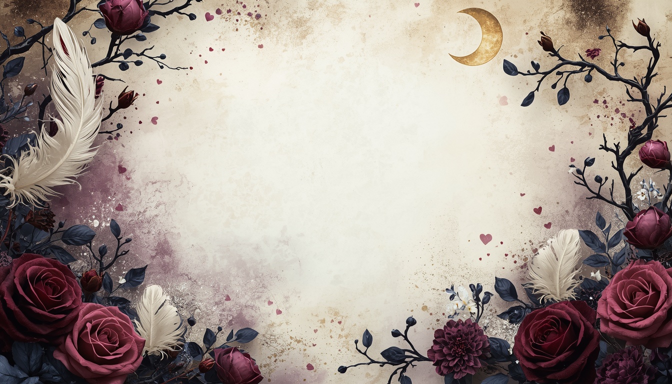 Whimsigoth Valentine&rsquo;s Day fantasy garden background featuring delicate ivory feathers floating among dark roses