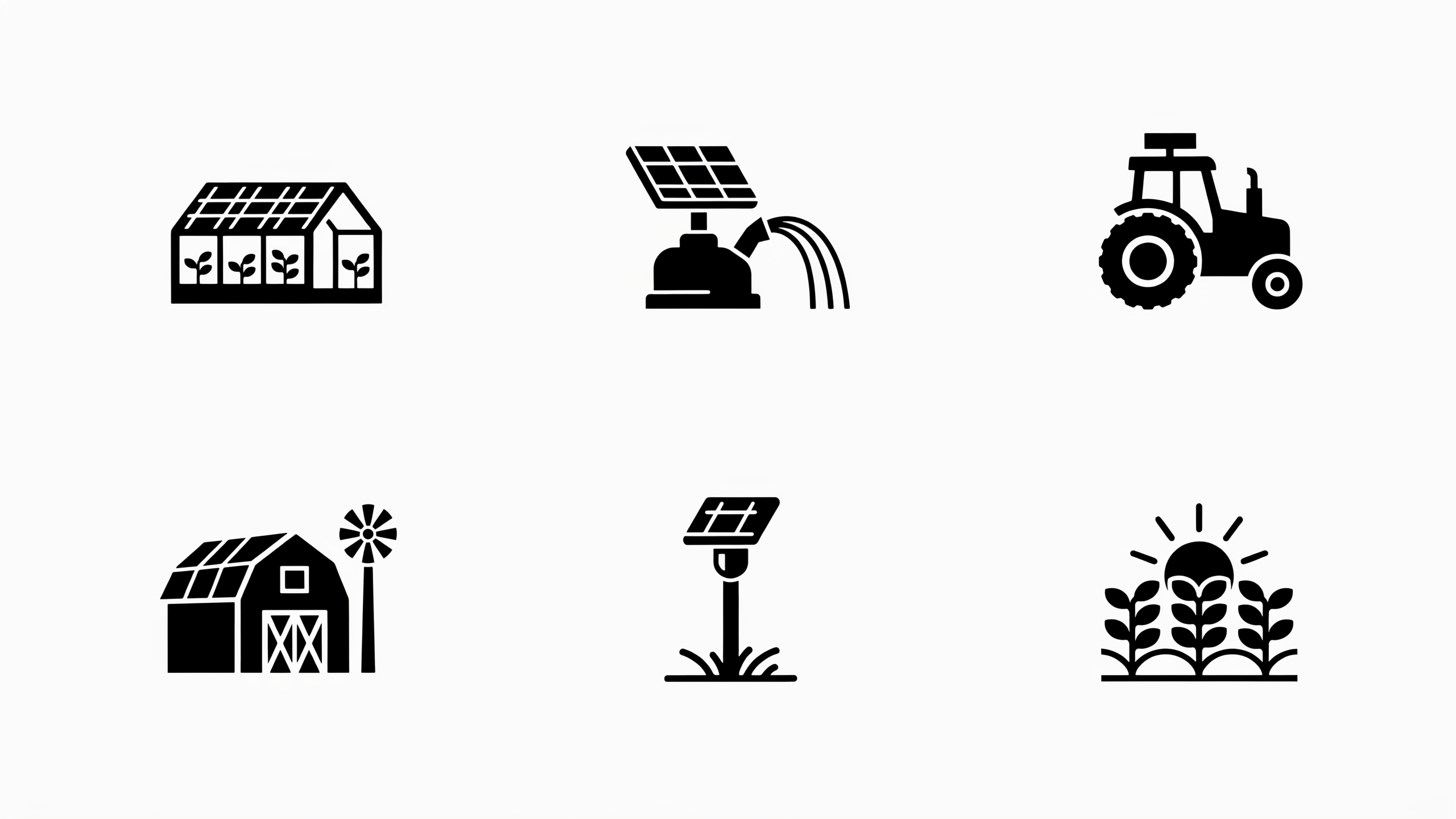 6 solid black agricultural solar power icons organized in a 2x3 grid layout (2&hellip;