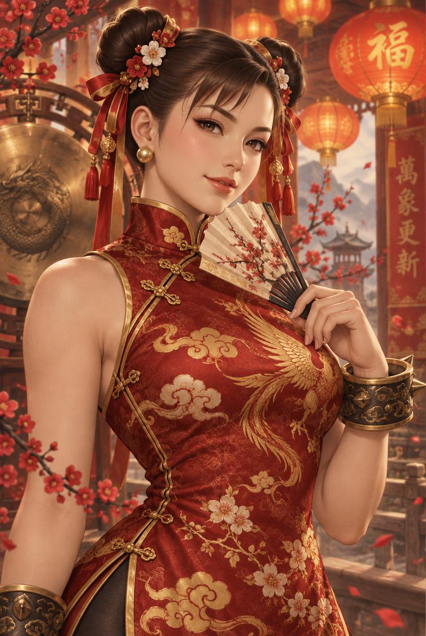 Half-body portrait of Chun-Li dressed for Lunar New Year