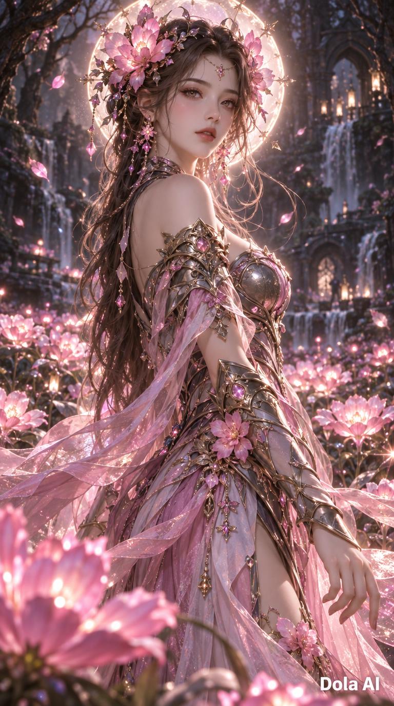 Image is a digital fantasy artwork featuring a female character in an elaborate