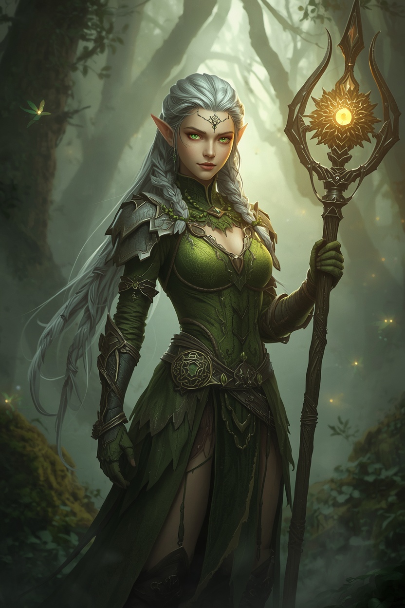 A female elven guardian with silver hair braided with glowing leaves