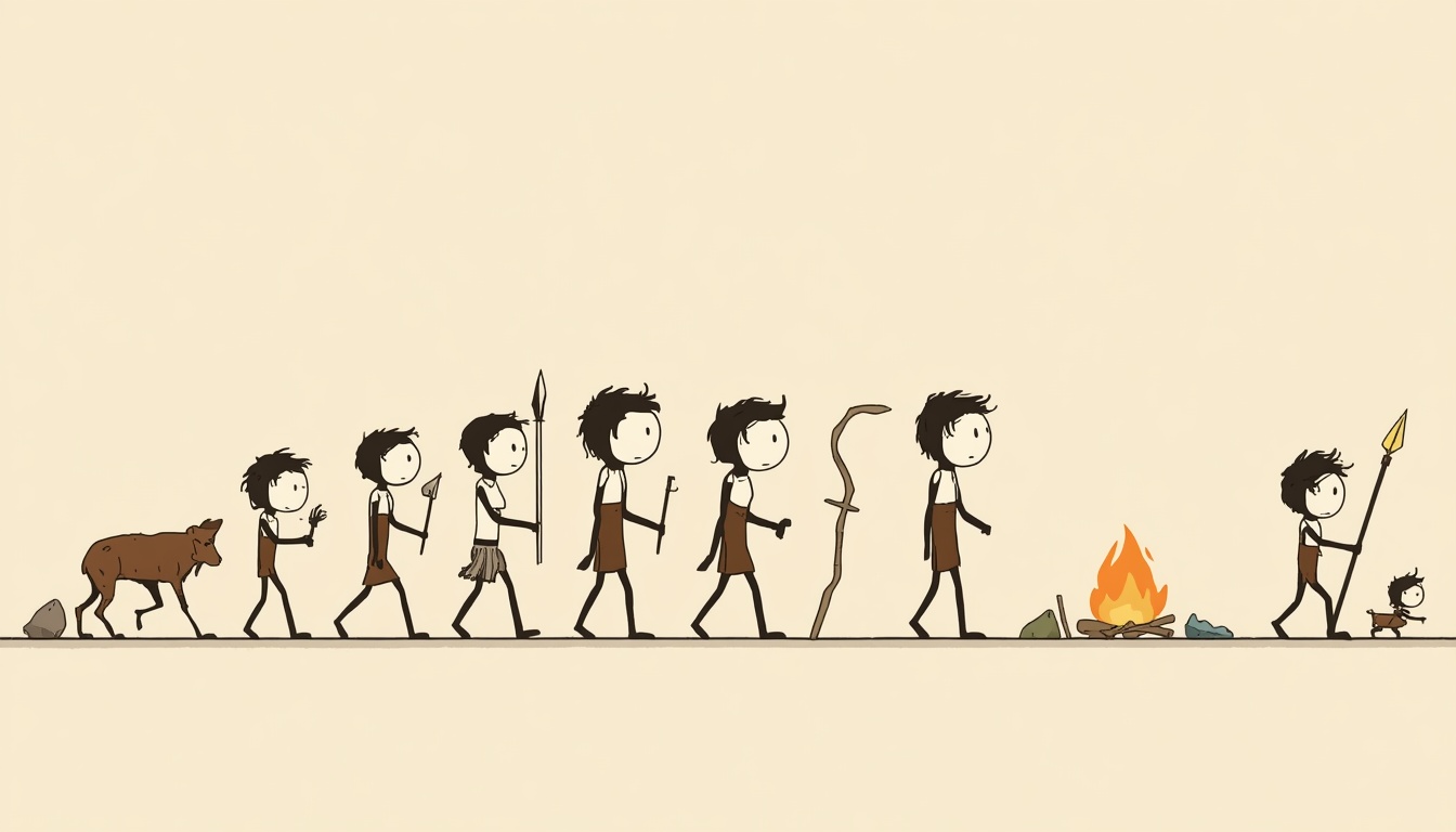 A long horizontal chain of prehistoric human generations stretching across the frame