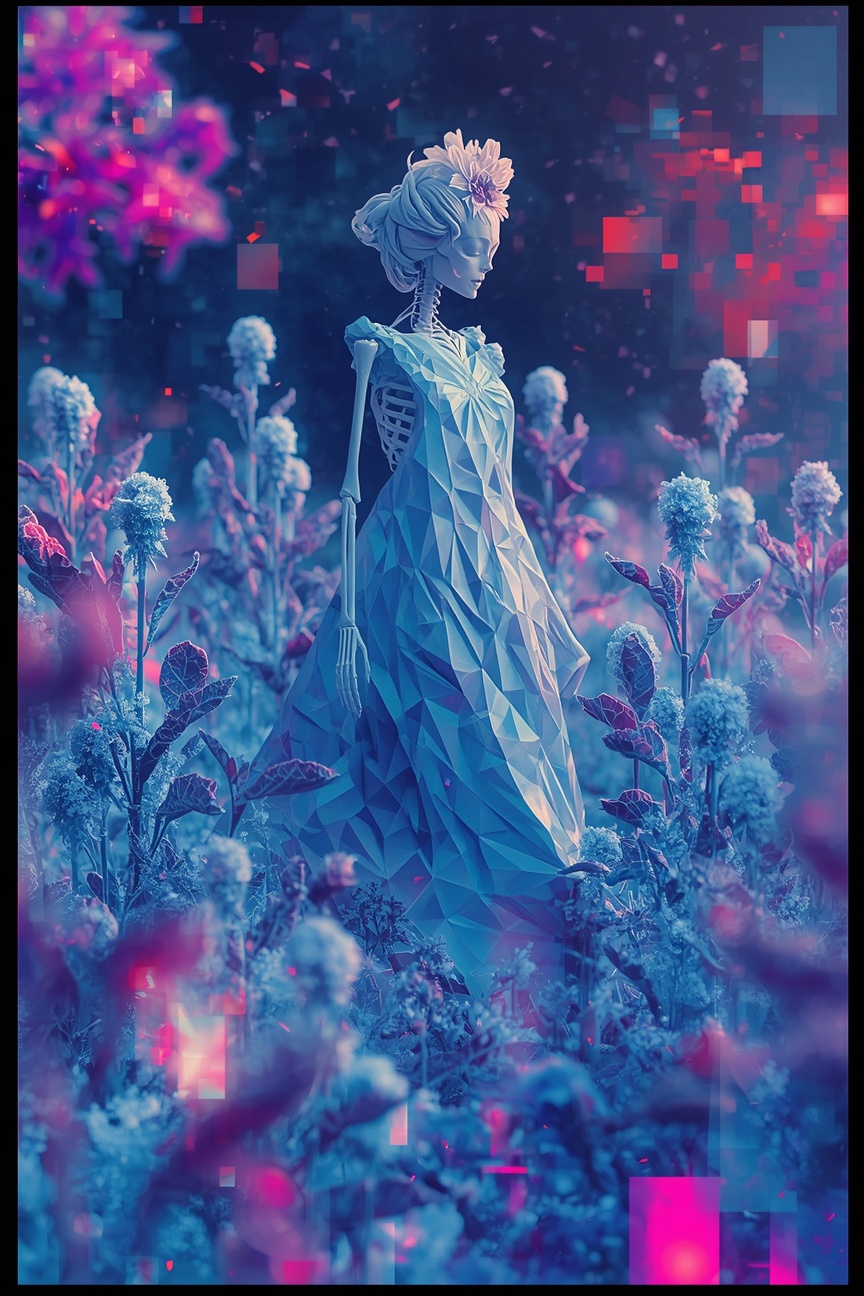 Low Poly Biomorphic Bloom of a skeletal woman with organic