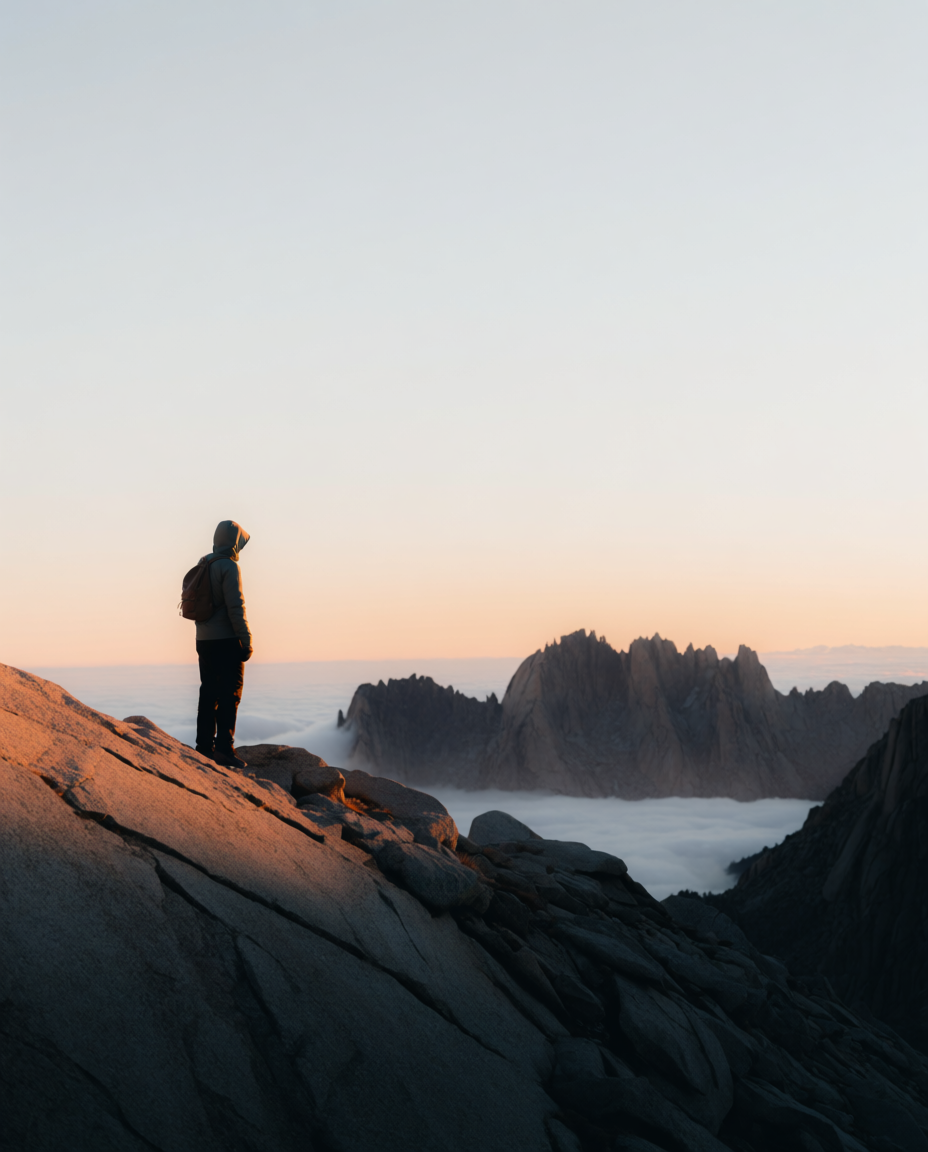 &hellip;standing on a rocky mountain ridge at dawn
