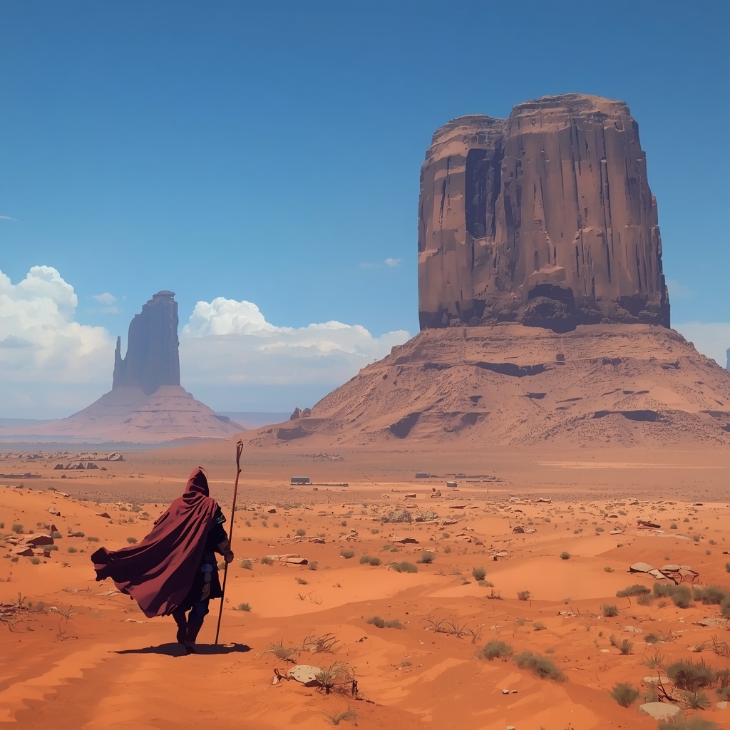 Create Extremely tall Red-Brown Desert Monoliths on the right Towering above a valley Plain&hellip;