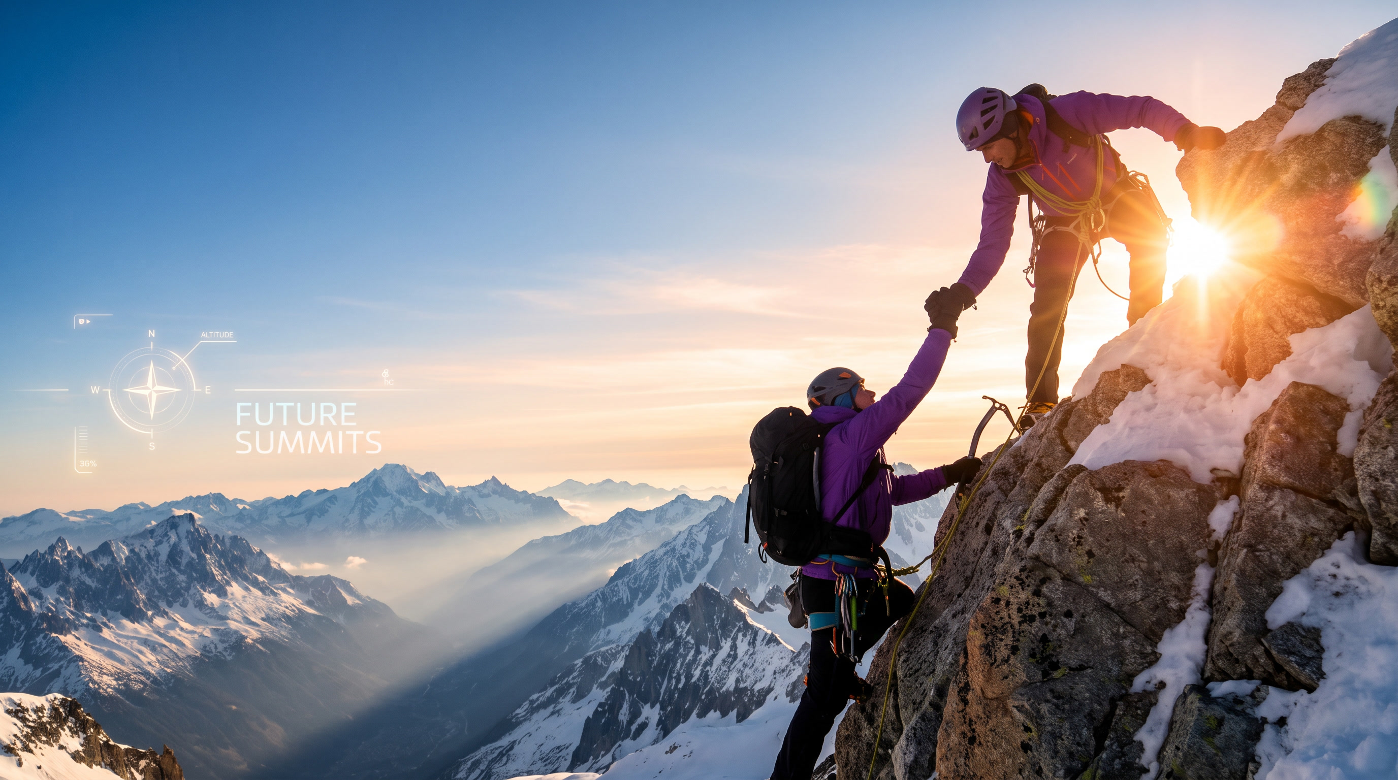 A cinematic 16:9 alpine climbing scene at sunrise