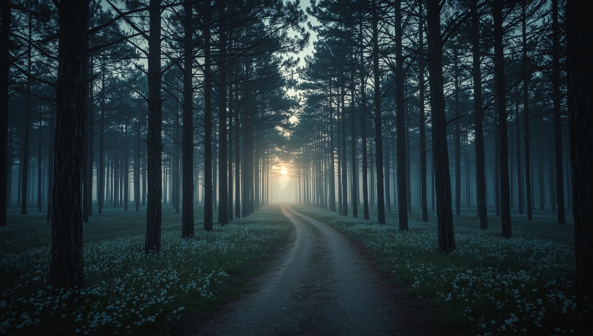 A beautiful ancient pine forest just before sunrise