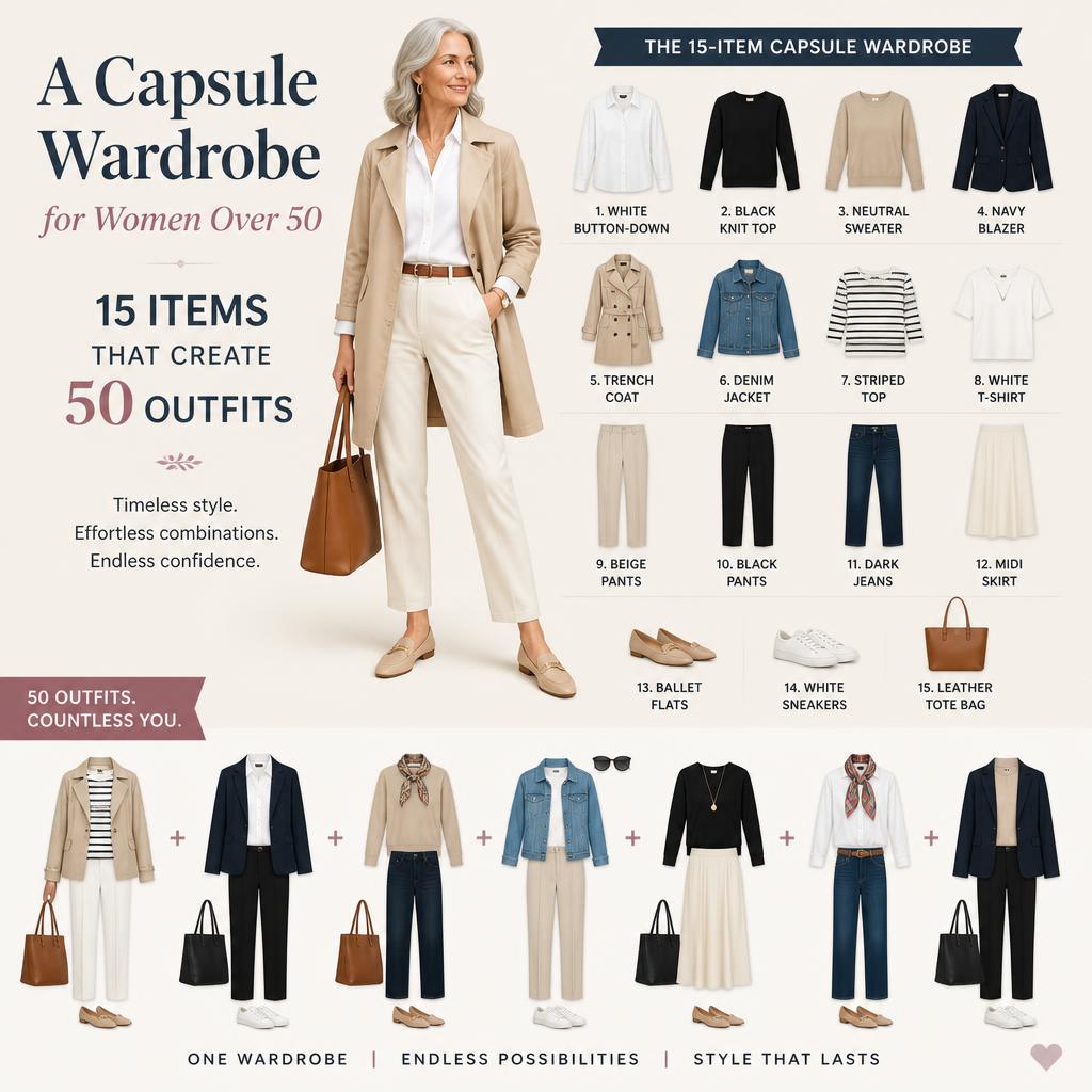 Create an illustration for the article: A Capsule Wardrobe for Women Over 50: 15&hellip;