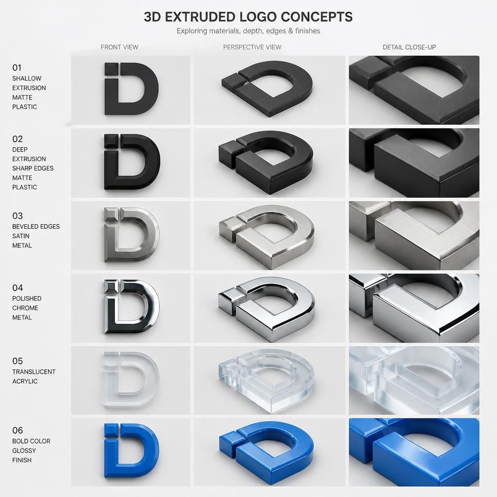 Show multiple extruded 3D concepts based on the provided logo