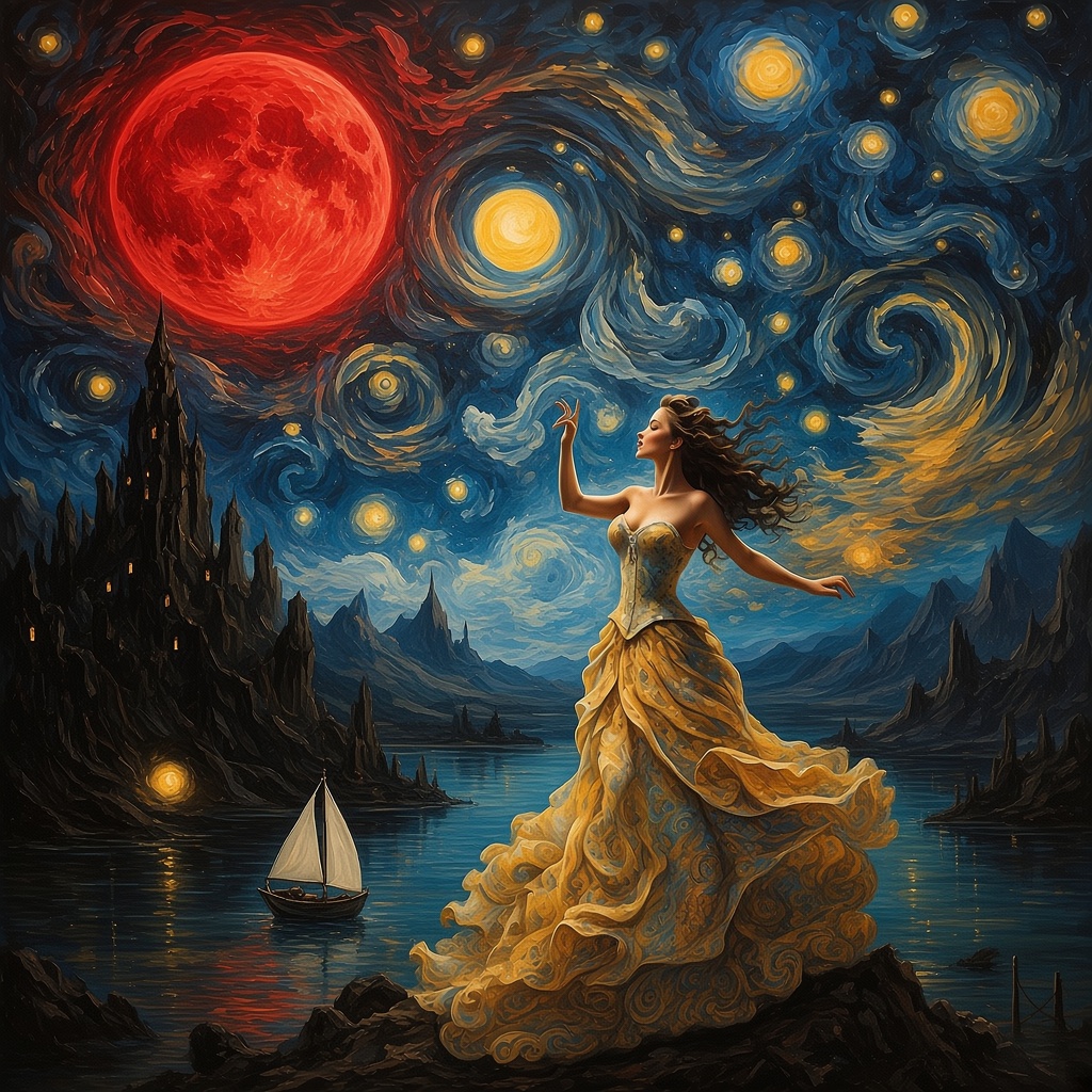 Preserve the reference image composition and painterly night-sky style. Add exactly one large bright&hellip;