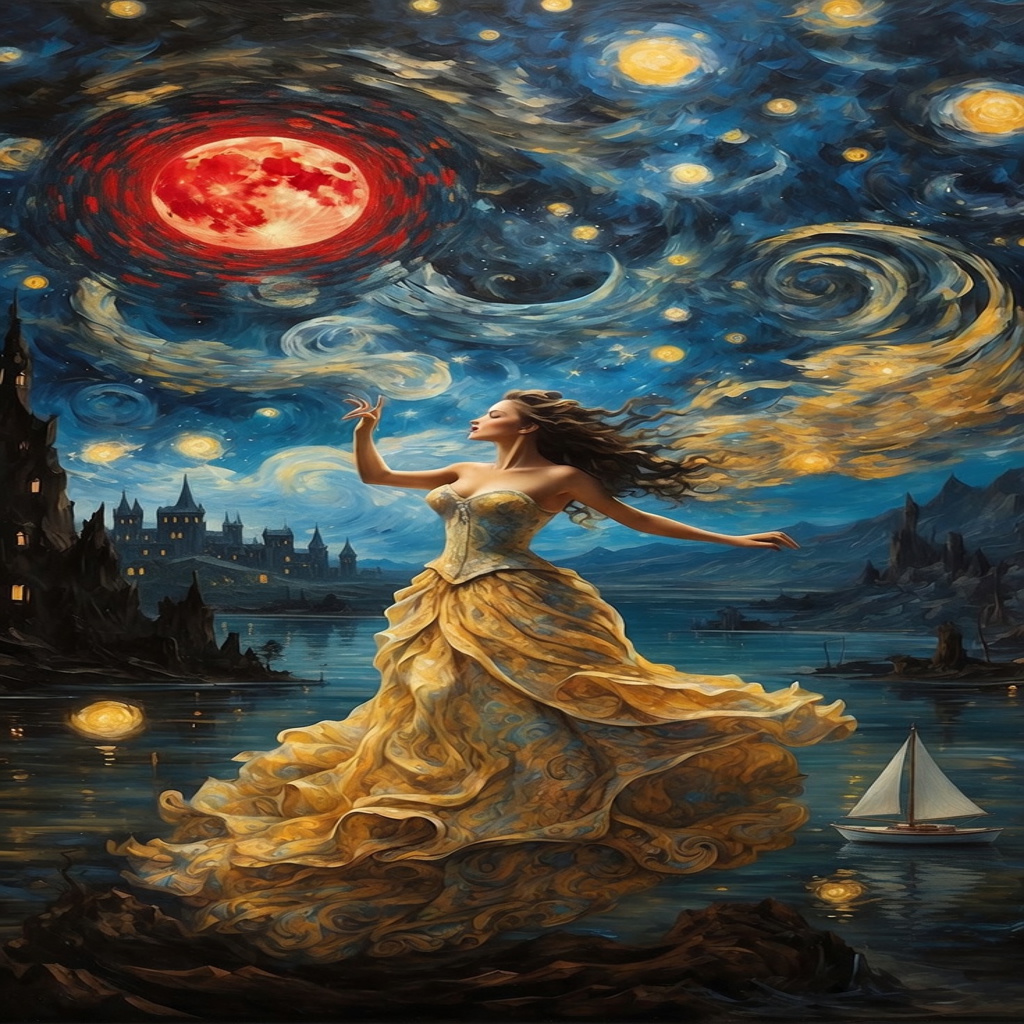 Preserve the reference image composition and painterly night-sky style. Add one large bright red&hellip;