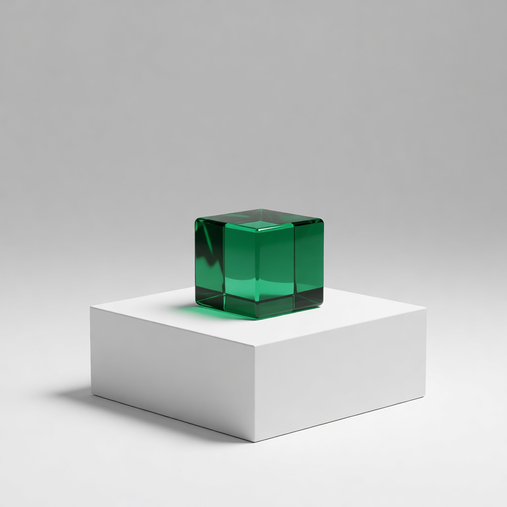 A small emerald glass cube on a white pedestal, clean studio lighting, minimal background,&hellip;