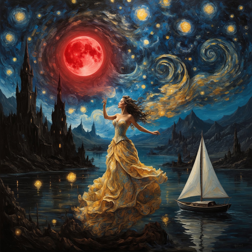 Preserve the reference image composition and painterly night-sky style. Add exactly one large bright&hellip;