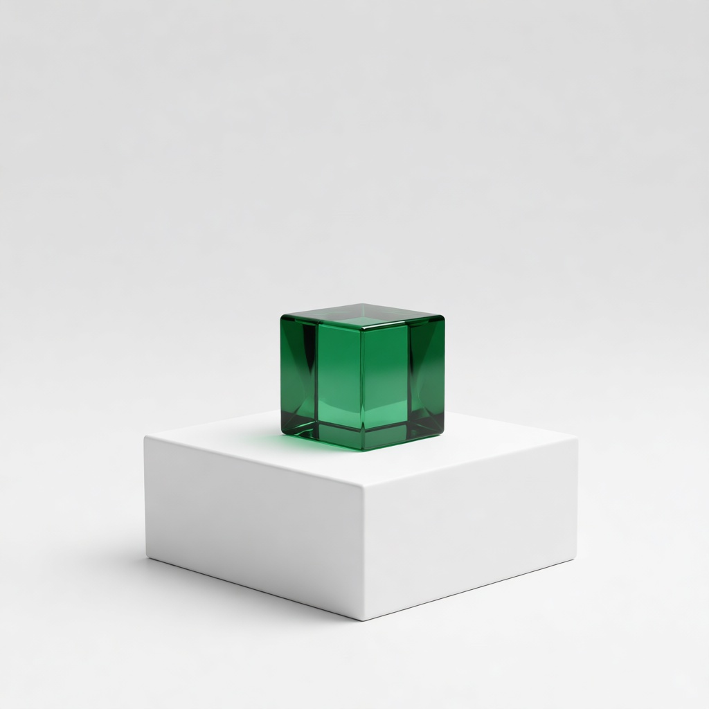 A small emerald glass cube on a white pedestal, clean studio lighting, minimal background,&hellip;