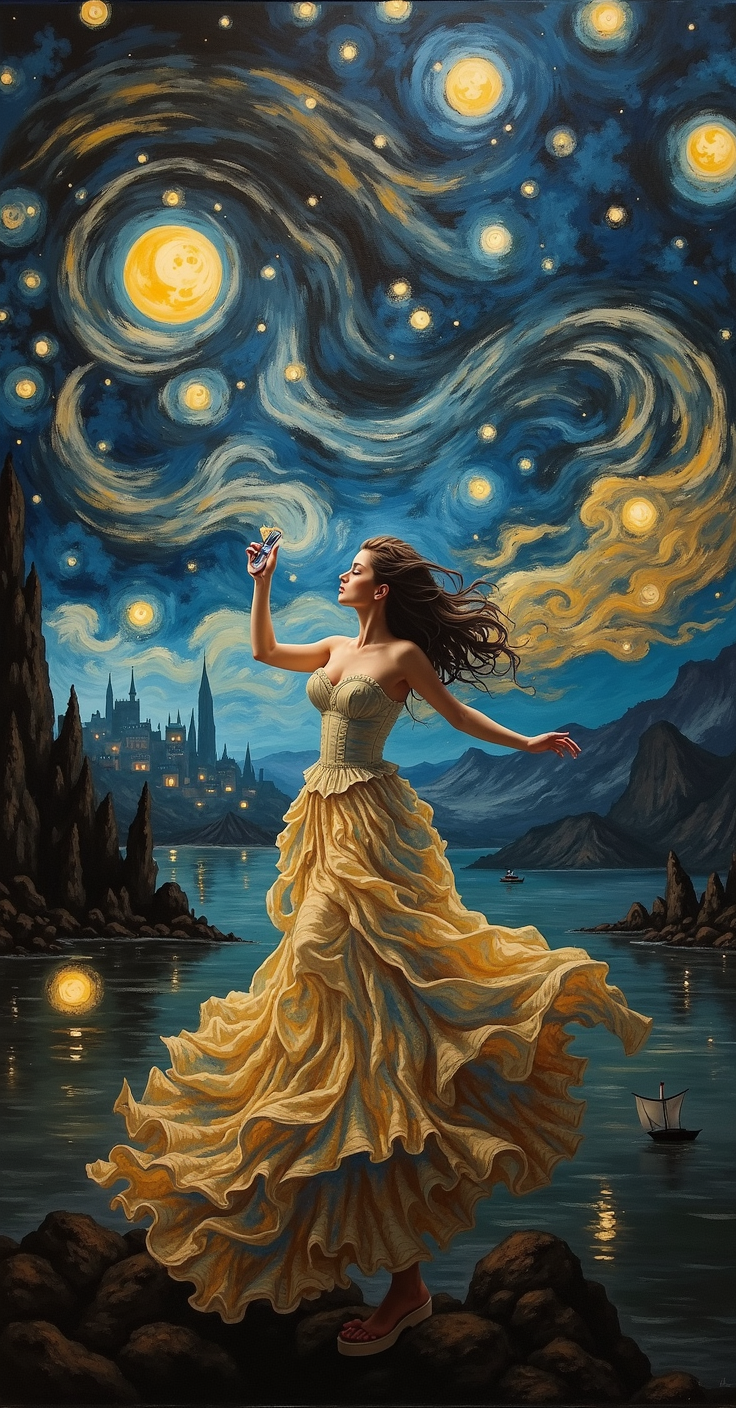 Preserve the reference image composition and painterly night-sky style. Add exactly one large bright&hellip;