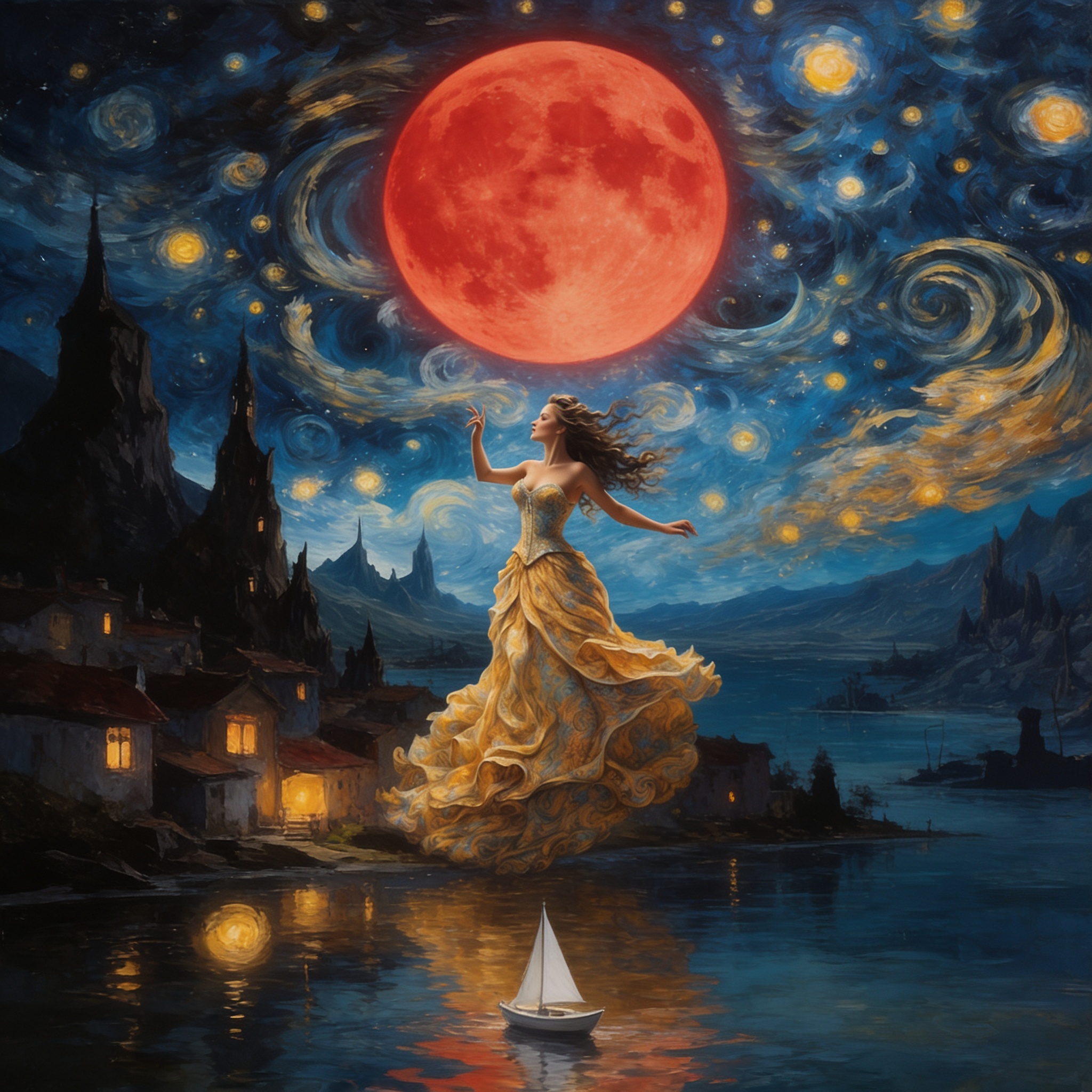 Preserve the reference image composition and painterly night-sky style. Add exactly one large bright&hellip;
