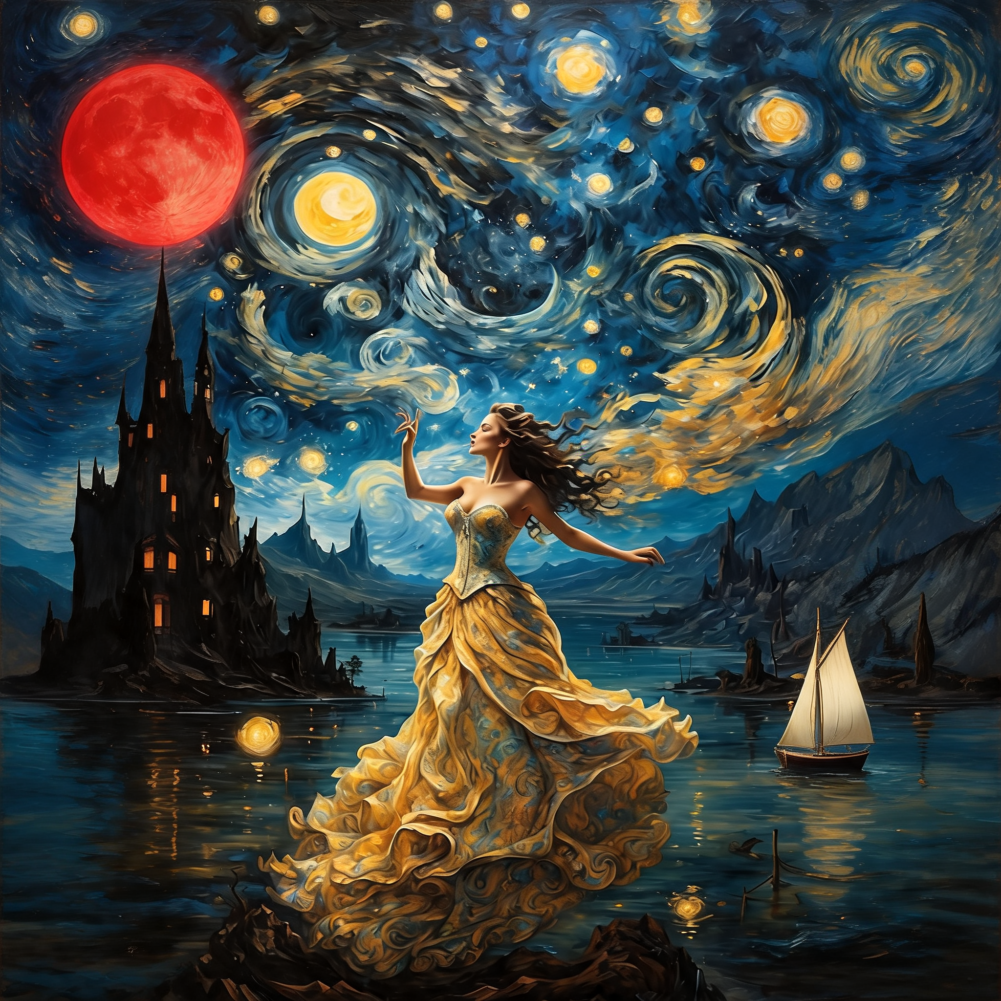 Preserve the reference image composition and painterly night-sky style. Add exactly one large bright&hellip;