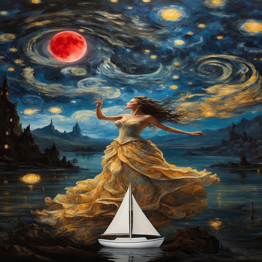 Preserve the reference image composition and painterly night-sky style. Add exactly one large bright&hellip;