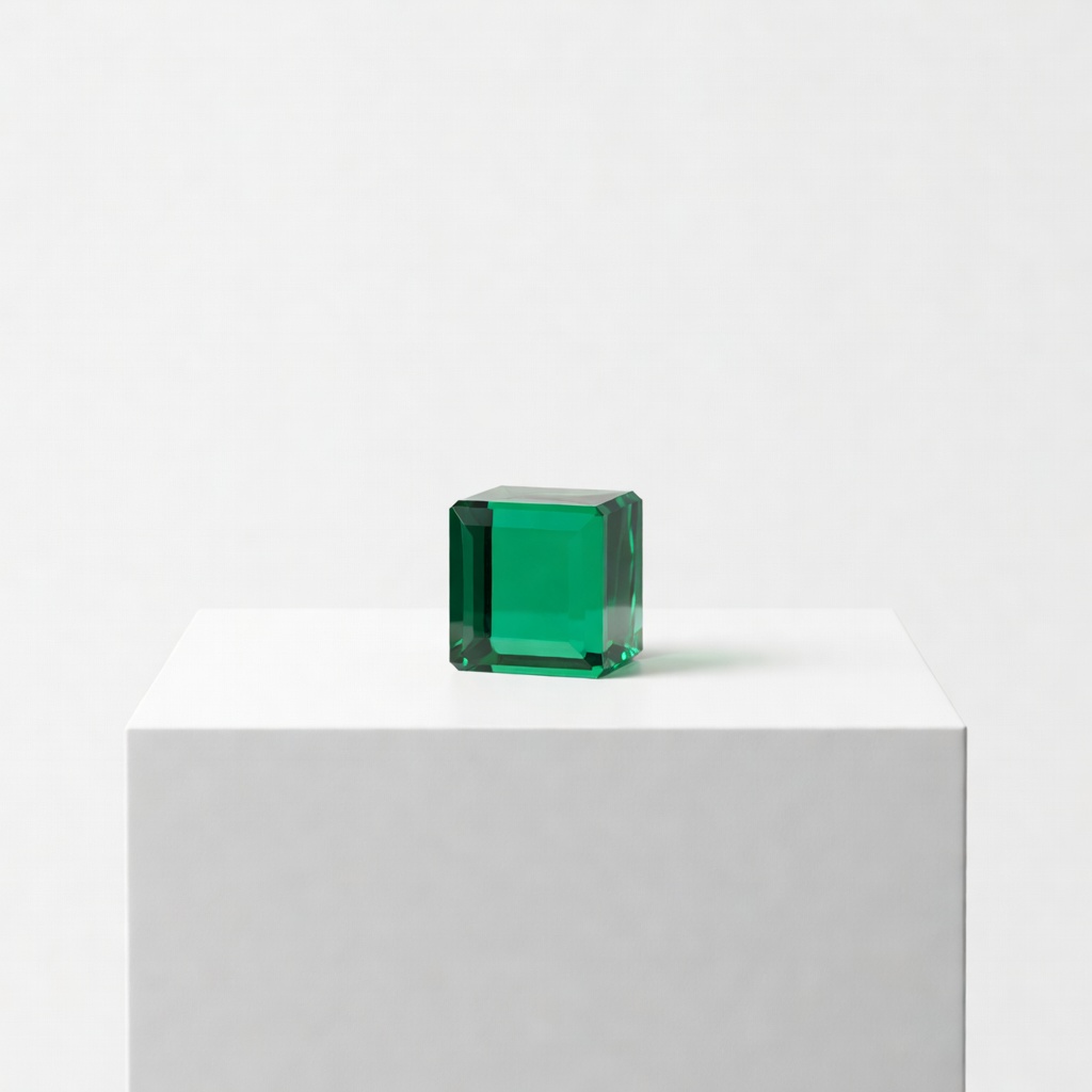 A small emerald glass cube on a white pedestal, clean studio lighting, minimal background,&hellip;
