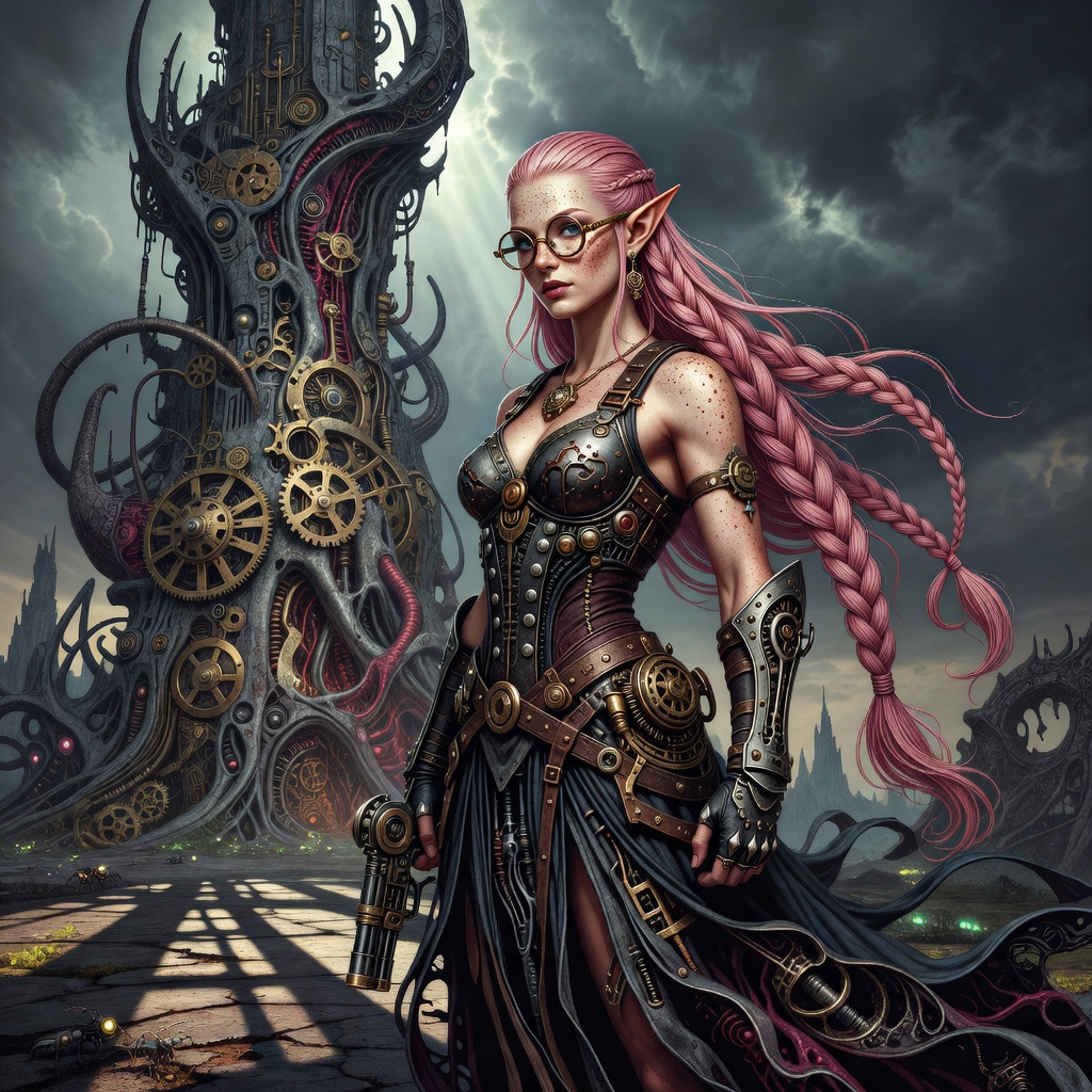 Tomer Hanuka, H.R Giger, Junji Ito, Beautiful Elf posing by a tower, with freckles&hellip;