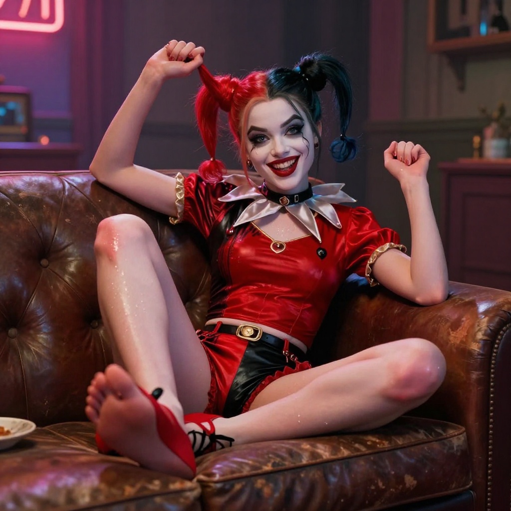 Create a cinematic, retro-inspired video featuring an adult, classic comic-book version of Harley Quinn,&hellip;